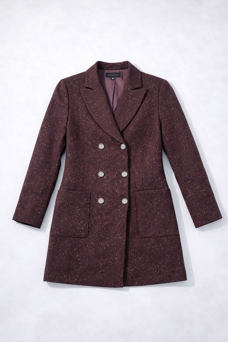 Mauve double-breasted tweed blazer with notched lapels and front patch pockets