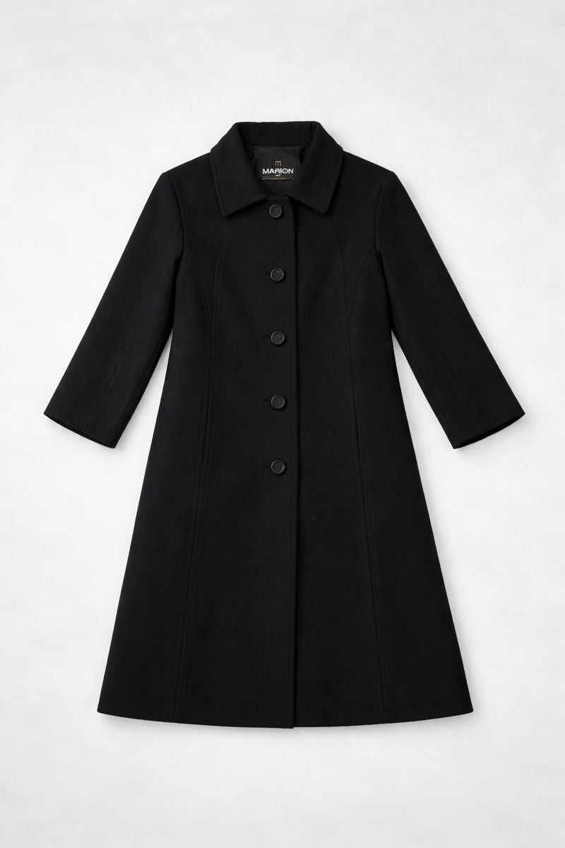 Dark gray women? A-line coat with collar and three-quarter sleeves