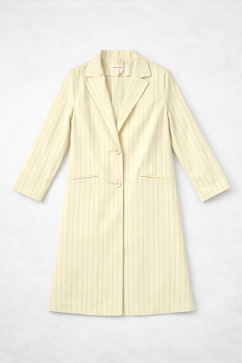 Striped twill long coat with notched lapels and single-button closure