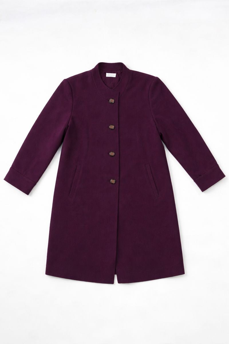 Longline stand collar coat with gold-toned button closure