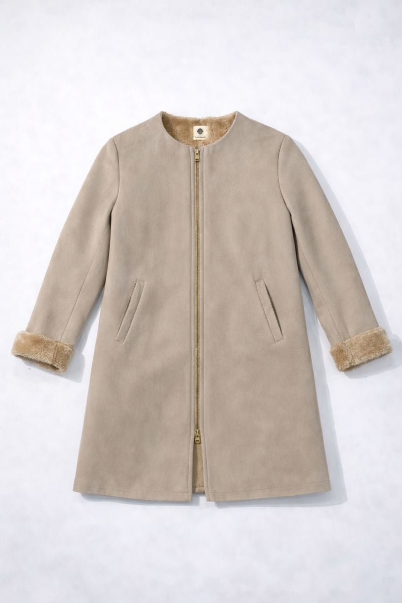Faux suede zip front coat with fur trim lining and patch pockets