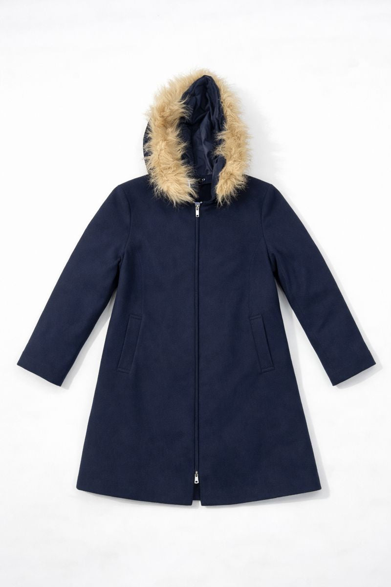 Hooded long coat with zip front and fur trim detail