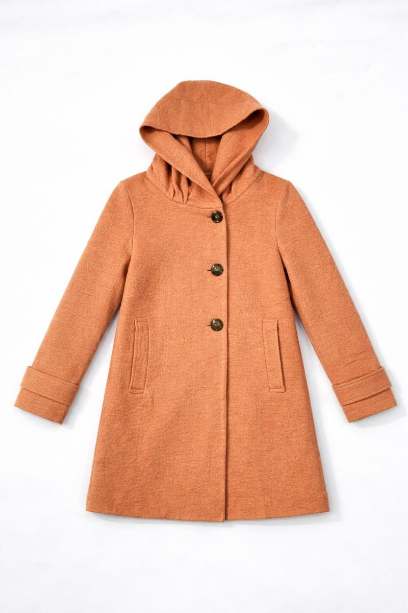 Hooded long coat with button front and patch pockets