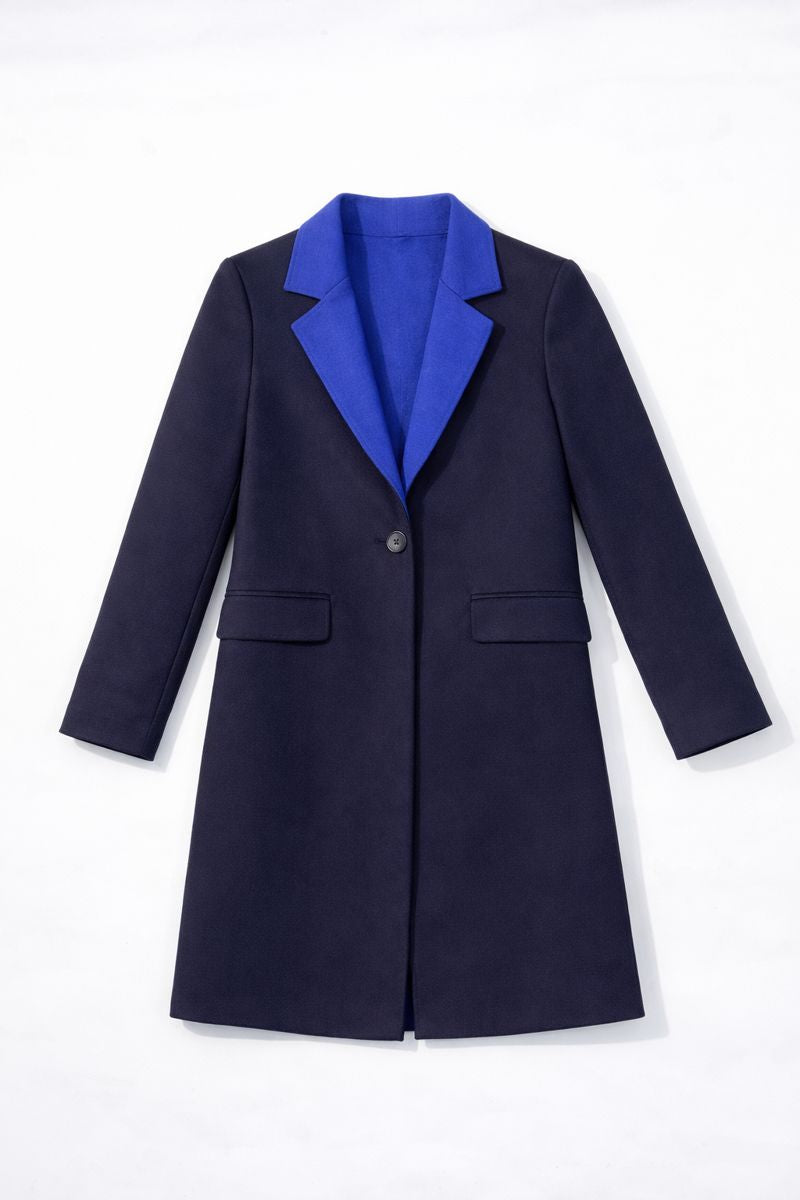 Single-button mid-length coat with contrasting collar and accent lining