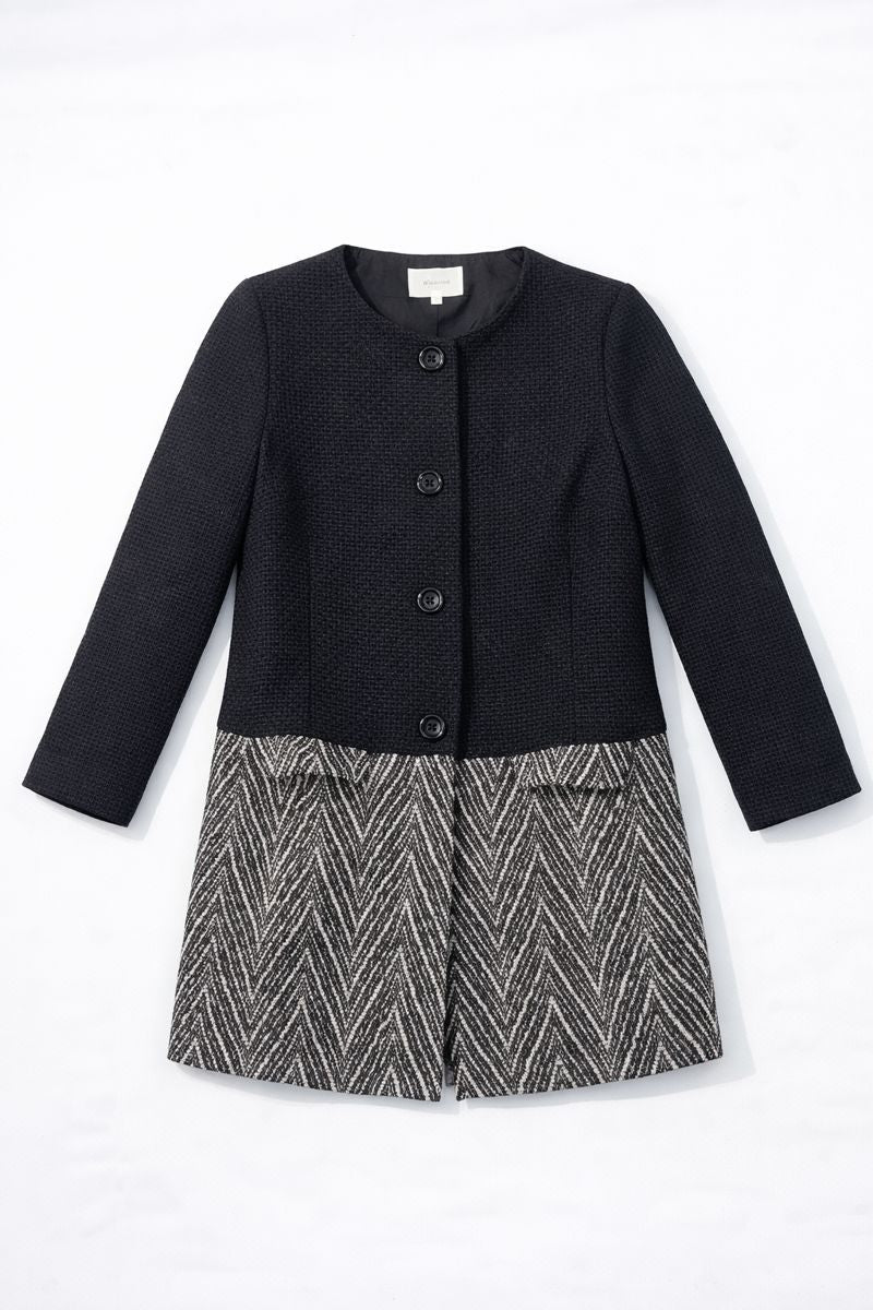 No-collar mid-length coat with patterned lower panel and button-front closure