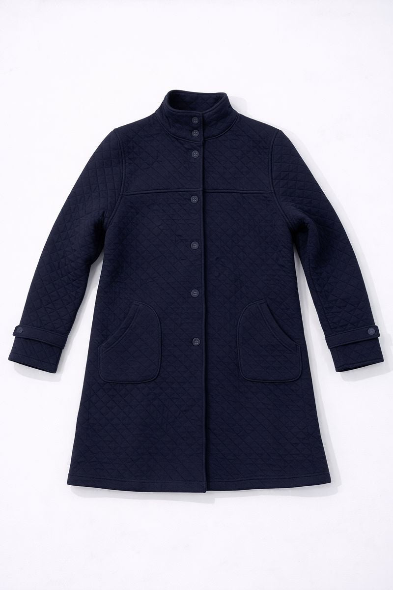 Mid-length quilted jacket with stand-up collar and button-front closure