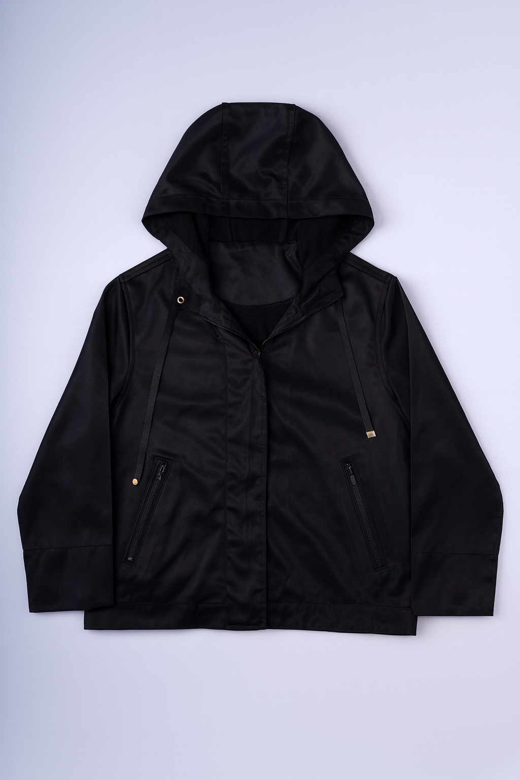 Front view of Ray Cassin black hooded jacket crafted from durable, glossy fabric
