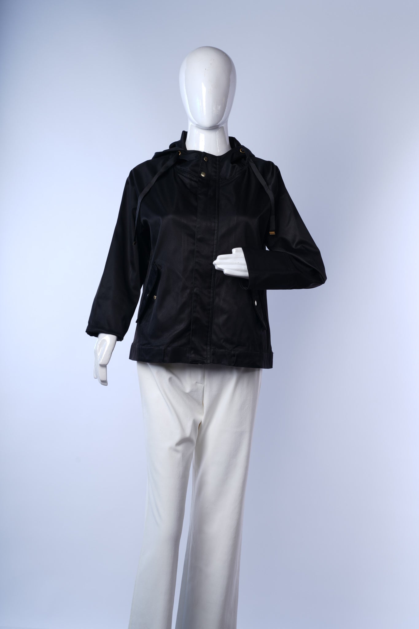 Stylish black Ray Cassin hooded jacket with soft sheen finish for everyday wear