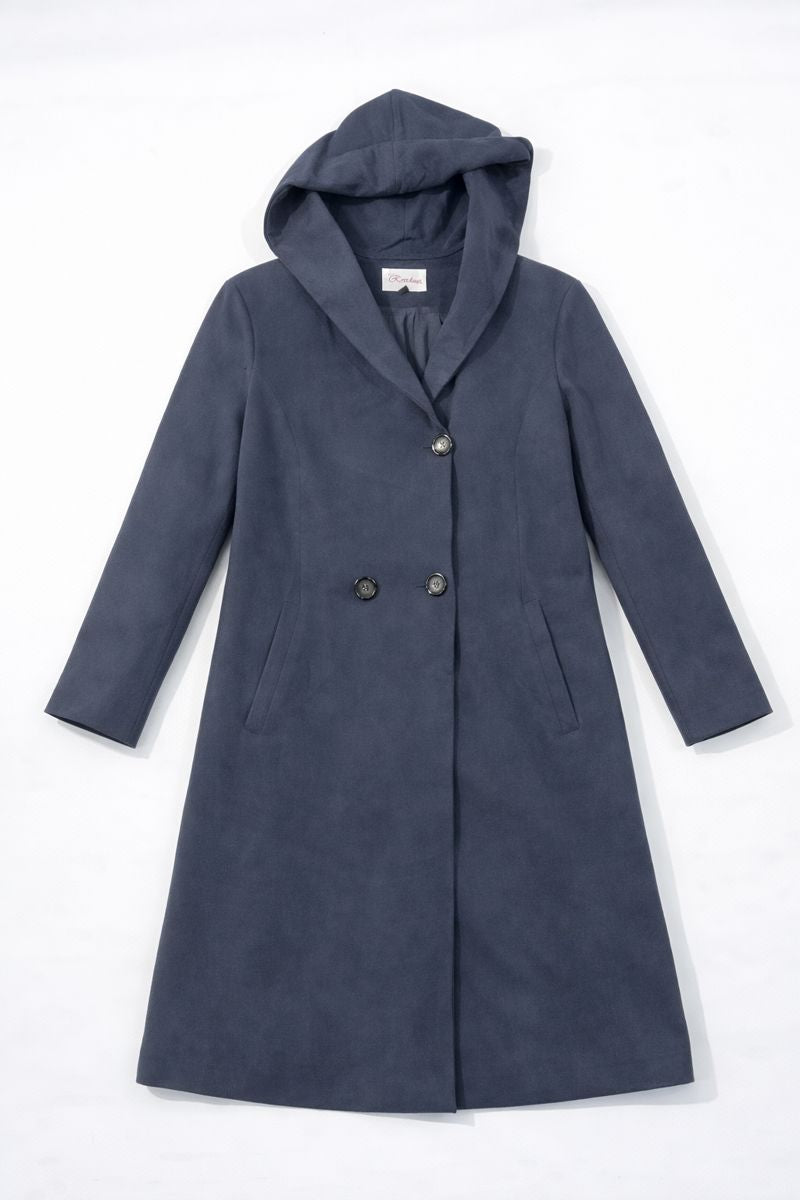Double-breasted knee-length hooded coat with button front