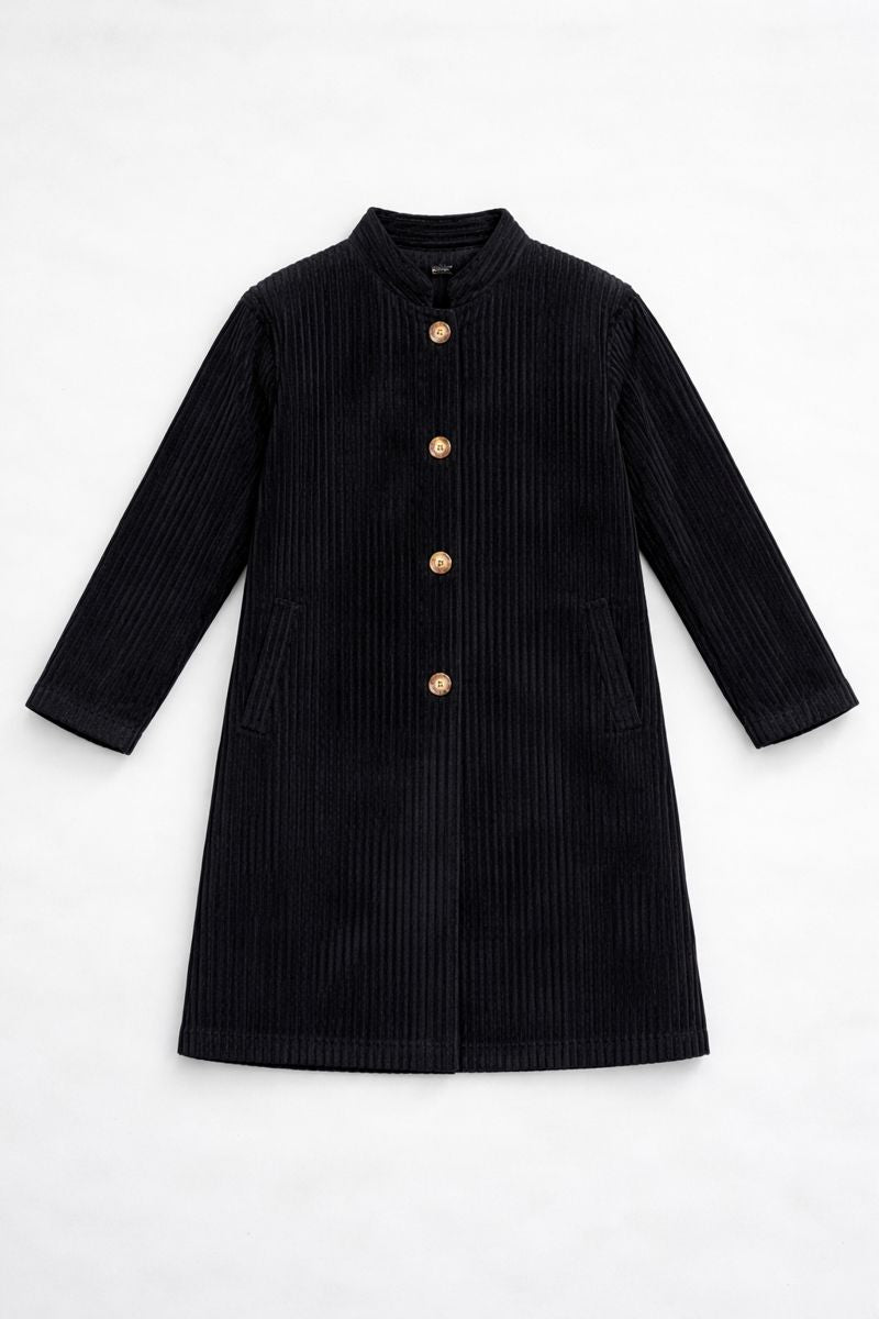 High collar single-breasted mid-length coat with button front