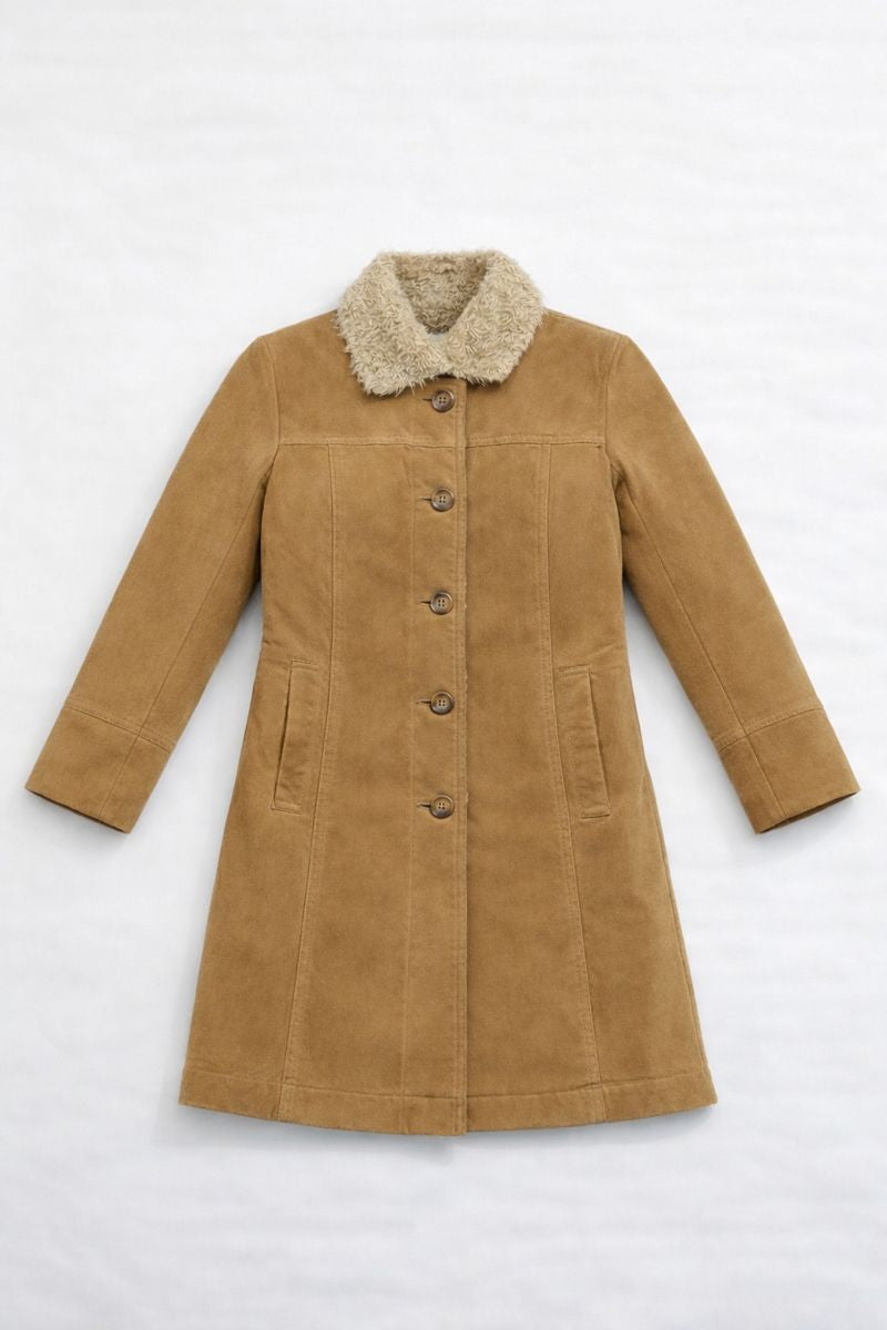 Vintage corduroy mid-length jacket with faux-fur collar and button front