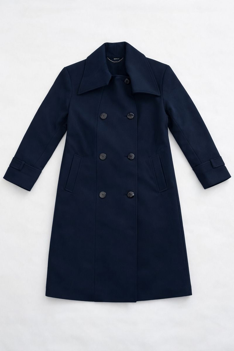 High neck double-breasted longline coat with side flap pockets