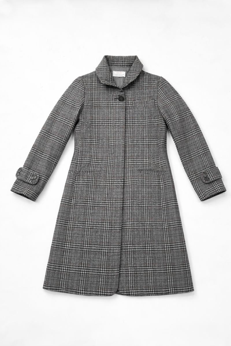 Knee-length plaid wool-blend coat with oversized foldover collar